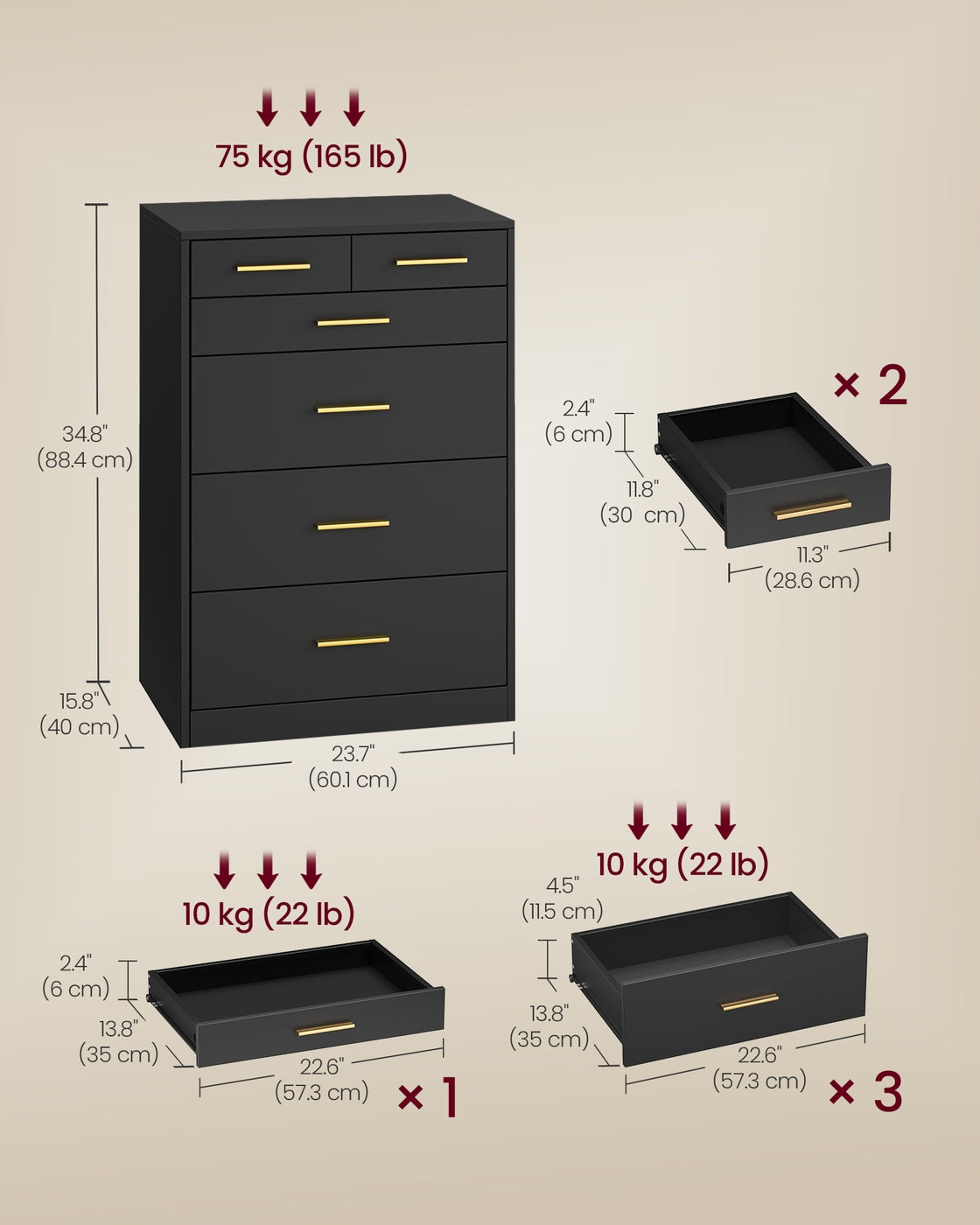 VASAGLE Custos Dresser, 6-Drawer Chest, 15.8 X 23.7 X 34.8 Inches, Ink Black
