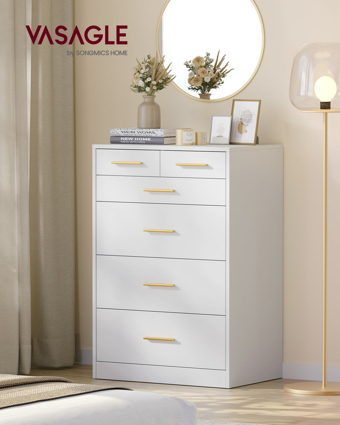 VASAGLE Custos Dresser, 6-Drawer Chest, 15.8 X 23.7 X 34.8 Inches, Cloud White