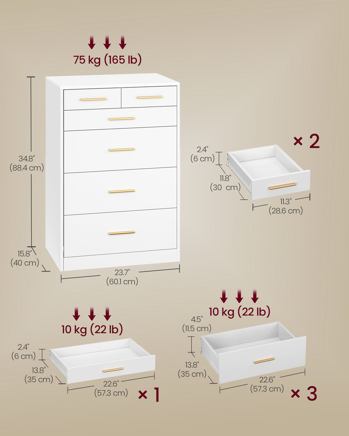 VASAGLE Custos Dresser, 6-Drawer Chest, 15.8 X 23.7 X 34.8 Inches, Cloud White