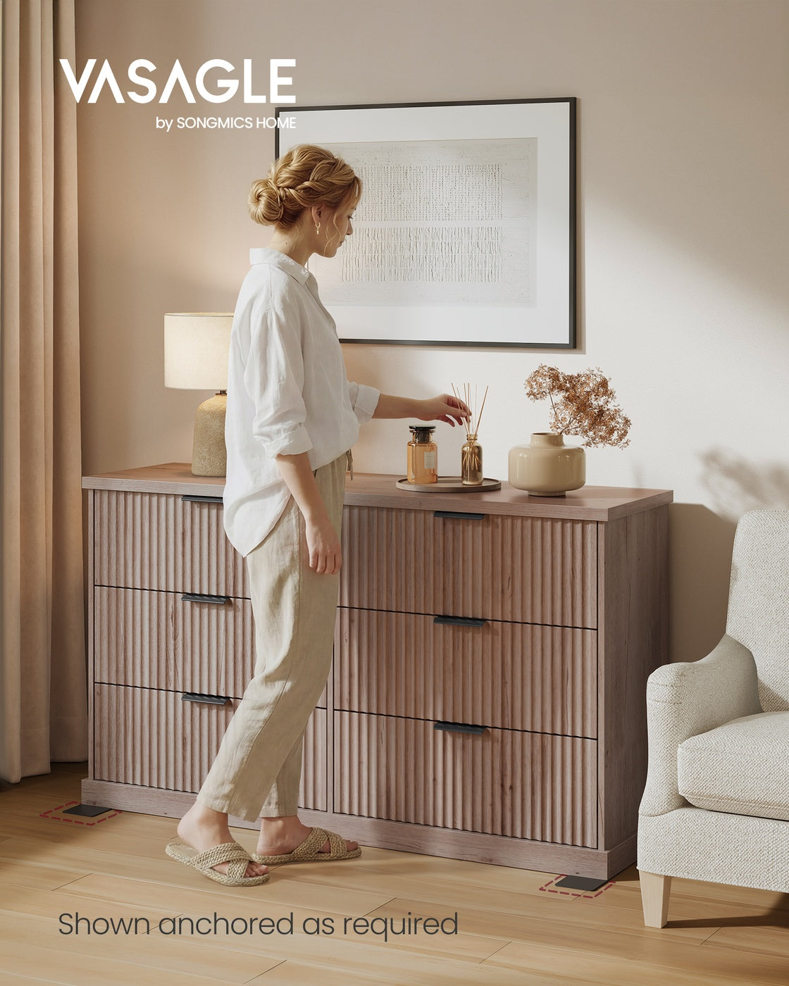 VASAGLE Maxe 6-Drawer Double Dresser – Washed Gray