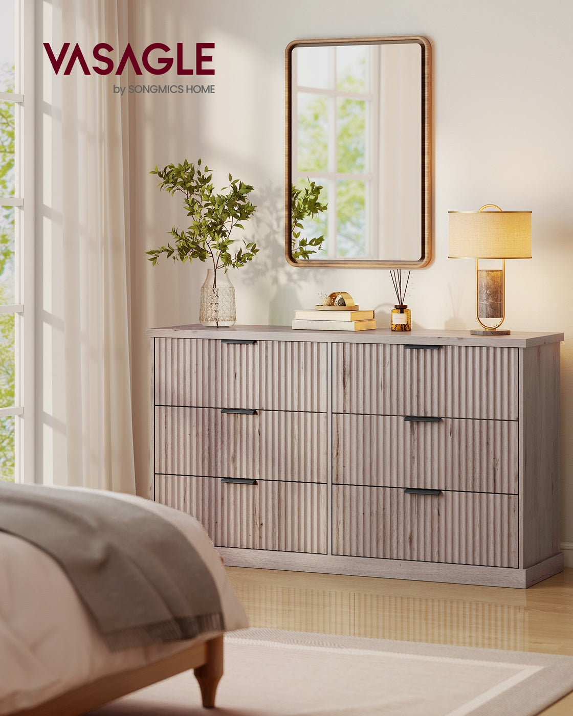 VASAGLE Maxe 6-Drawer Double Dresser – Washed Gray