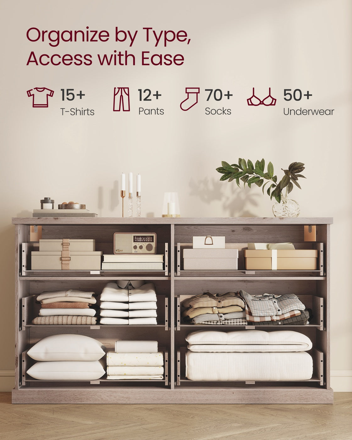 VASAGLE Maxe 6-Drawer Double Dresser – Washed Gray