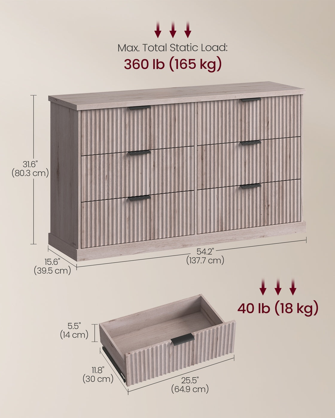 VASAGLE Maxe 6-Drawer Double Dresser – Washed Gray