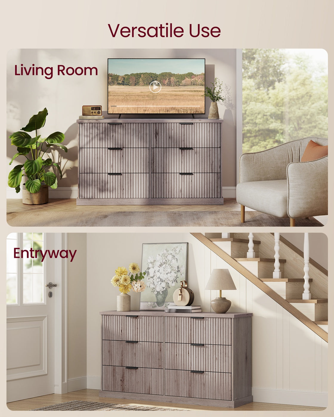 VASAGLE Maxe 6-Drawer Double Dresser – Washed Gray