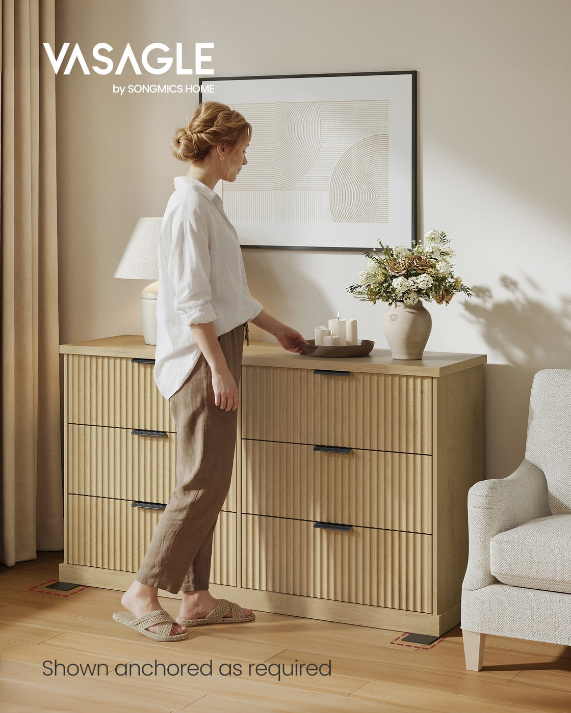 VASAGLE Maxe 6-Drawer Double Dresser – Oak Beige