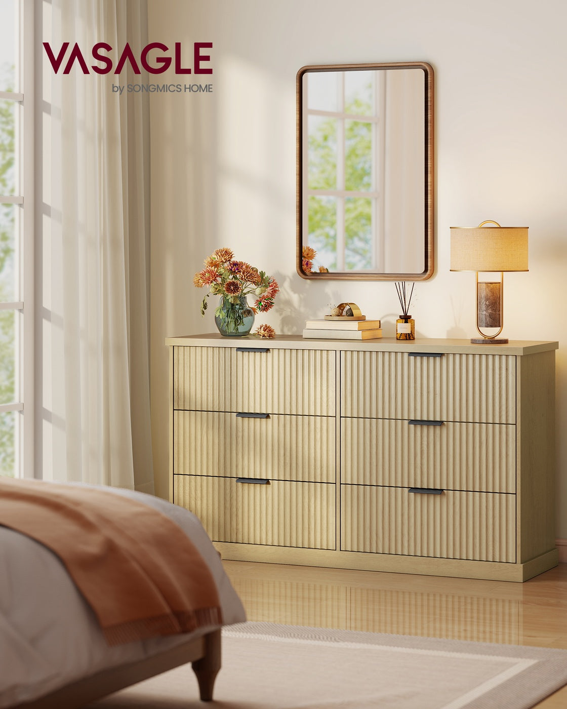VASAGLE Maxe 6-Drawer Double Dresser – Oak Beige