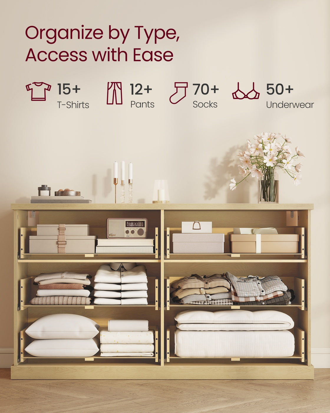 VASAGLE Maxe 6-Drawer Double Dresser – Oak Beige
