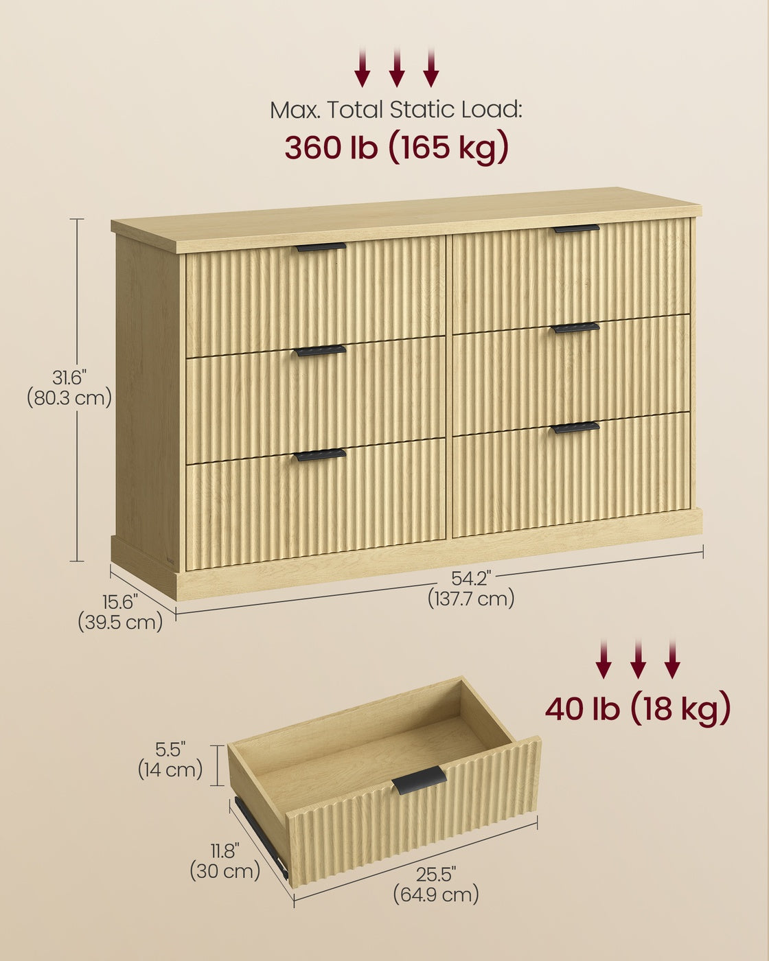 VASAGLE Maxe 6-Drawer Double Dresser – Oak Beige