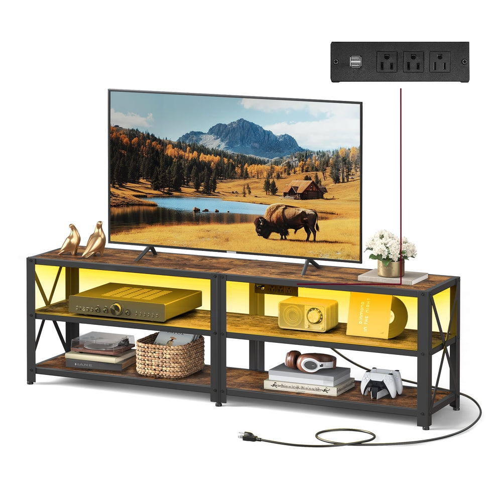 VASAGLE TV Stand with Power Outlets and LED Lights, for Tvs Up to 65 Inches – Rustic Brown, Ink Black