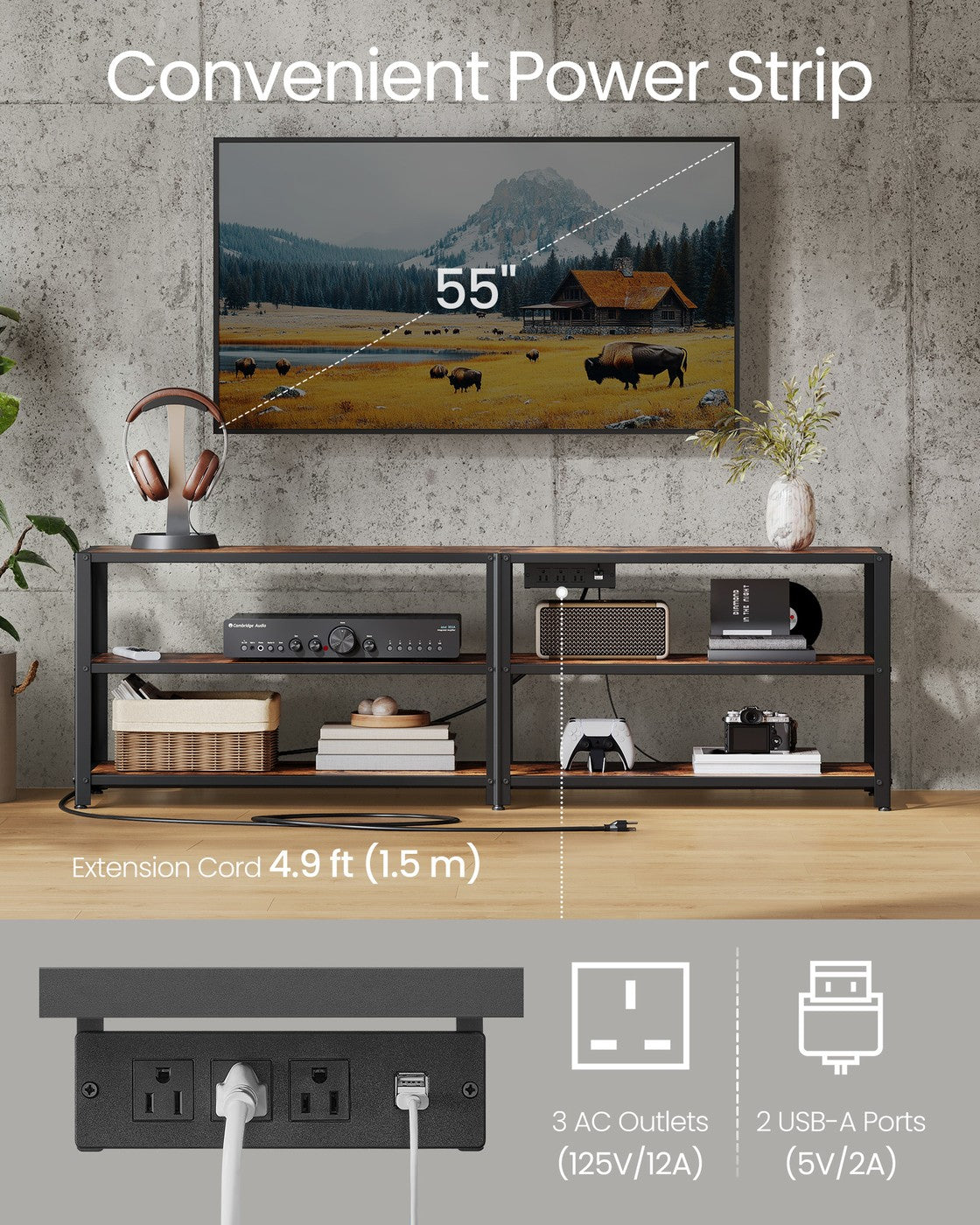 VASAGLE TV Stand with Power Outlets and LED Lights, for Tvs Up to 65 Inches – Rustic Brown, Ink Black