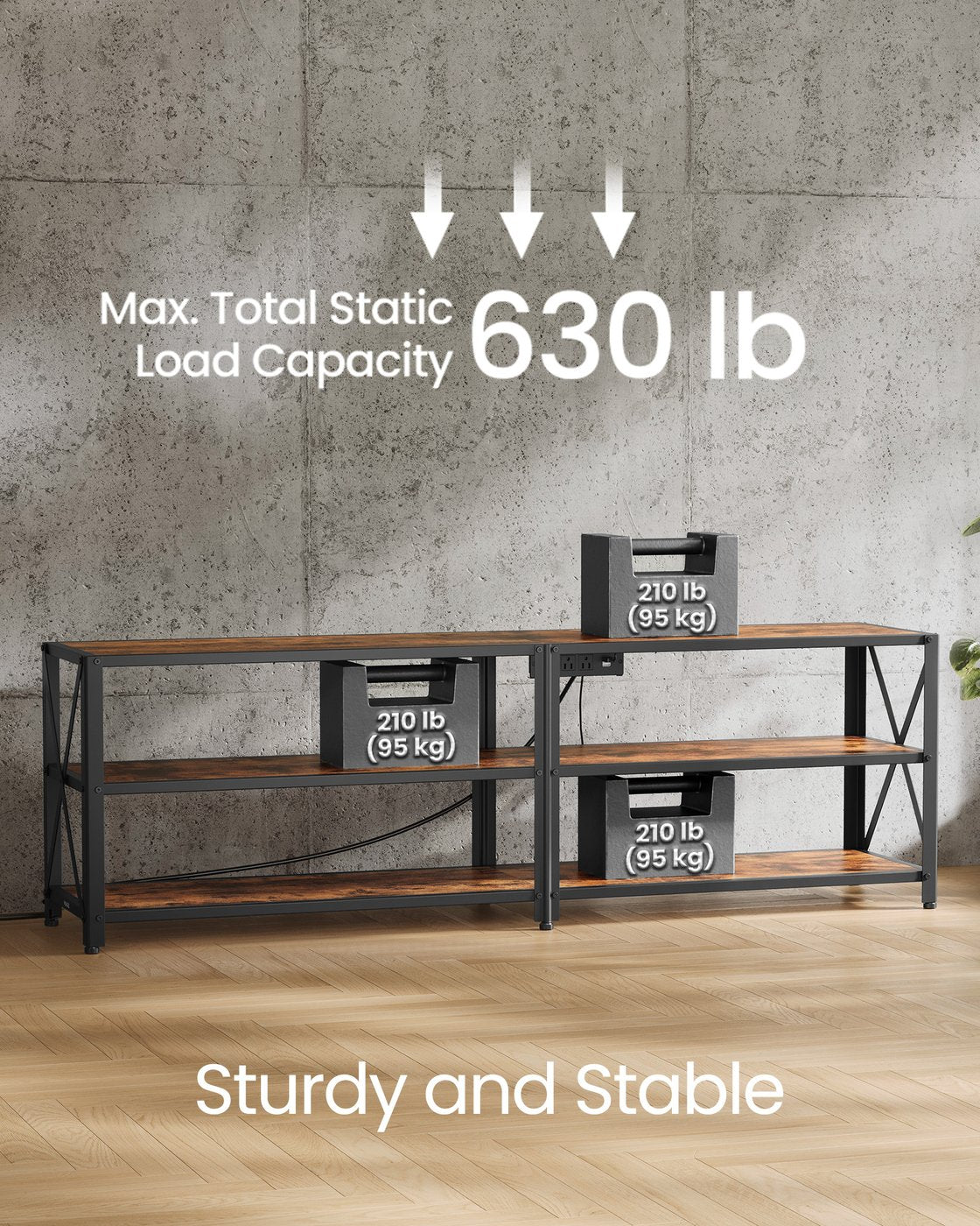 VASAGLE TV Stand with Power Outlets and LED Lights, for Tvs Up to 65 Inches – Rustic Brown, Ink Black