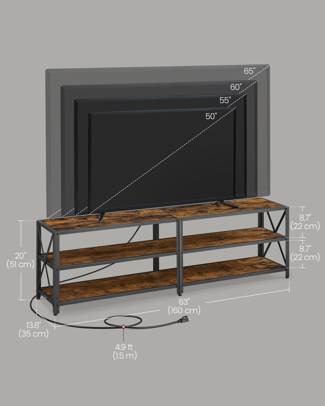 VASAGLE TV Stand with Power Outlets and LED Lights, for Tvs Up to 65 Inches – Rustic Brown, Ink Black
