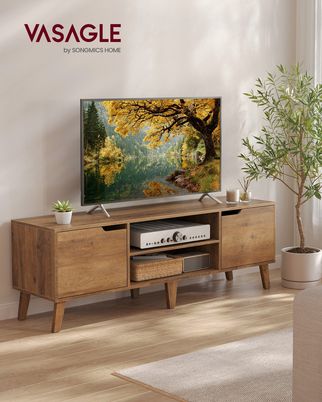VASAGLE TV Stand for 65-Inch Tvs, Entertainment Center with Adjustable Shelf – Honey Brown