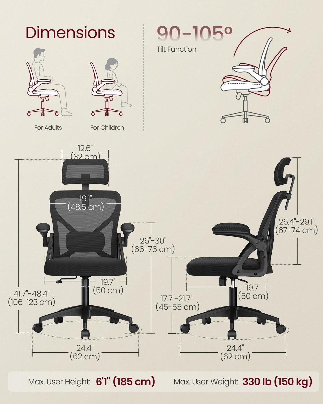VASAGLE Ergonomic Mesh Office Chair with Adjustable Lumbar Support and Headrest, Ink Black