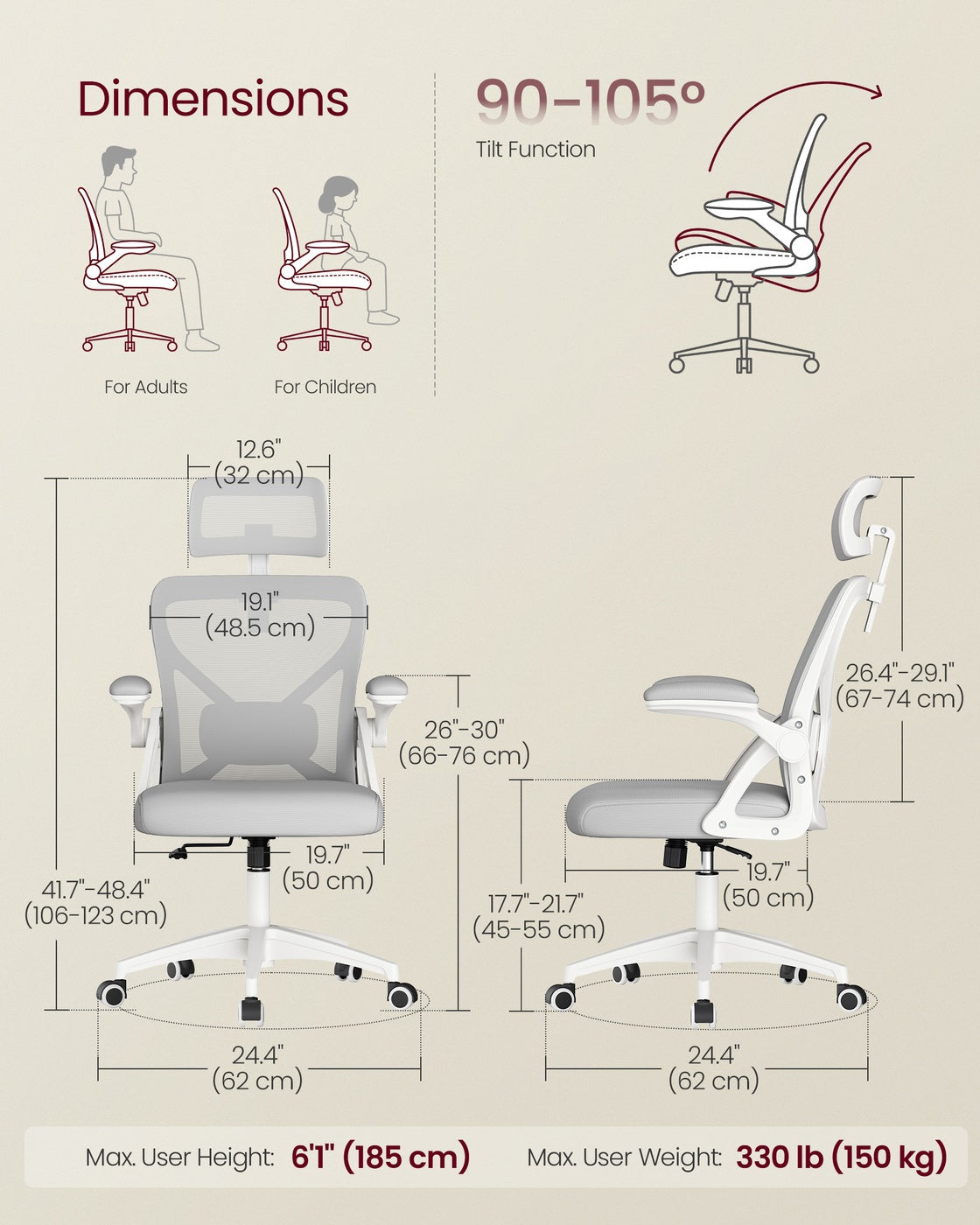 VASAGLE Office Chair, Ergonomic Mesh, Adjustable, Dove Gray