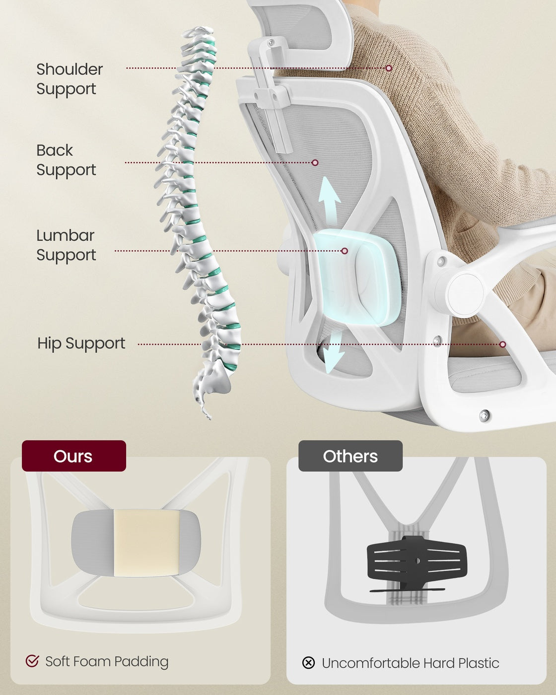VASAGLE Office Chair, Ergonomic Mesh, Adjustable, Dove Gray