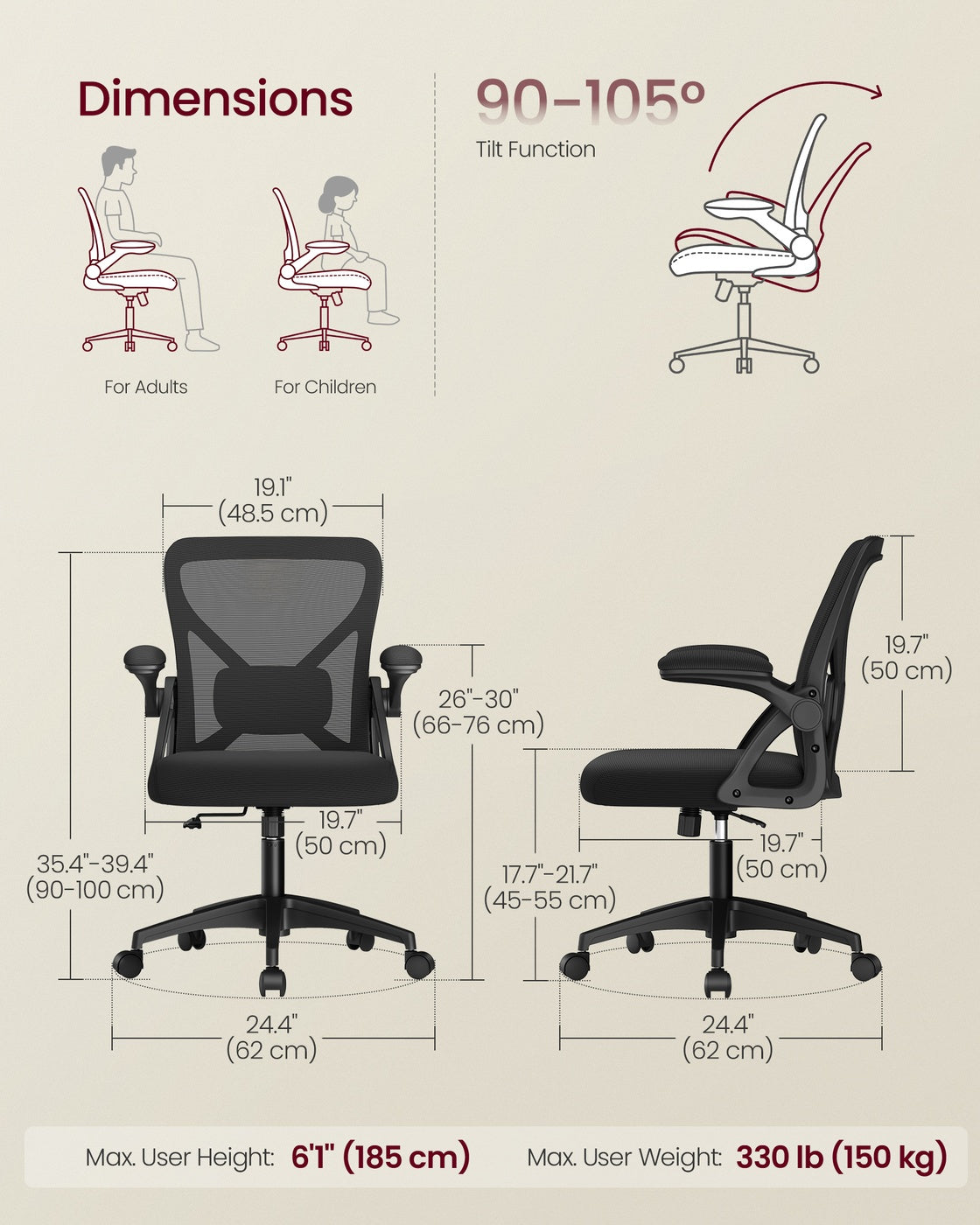 VASAGLE Office Chair, Ergonomic Mesh, Adjustable Lumbar, Ink Black