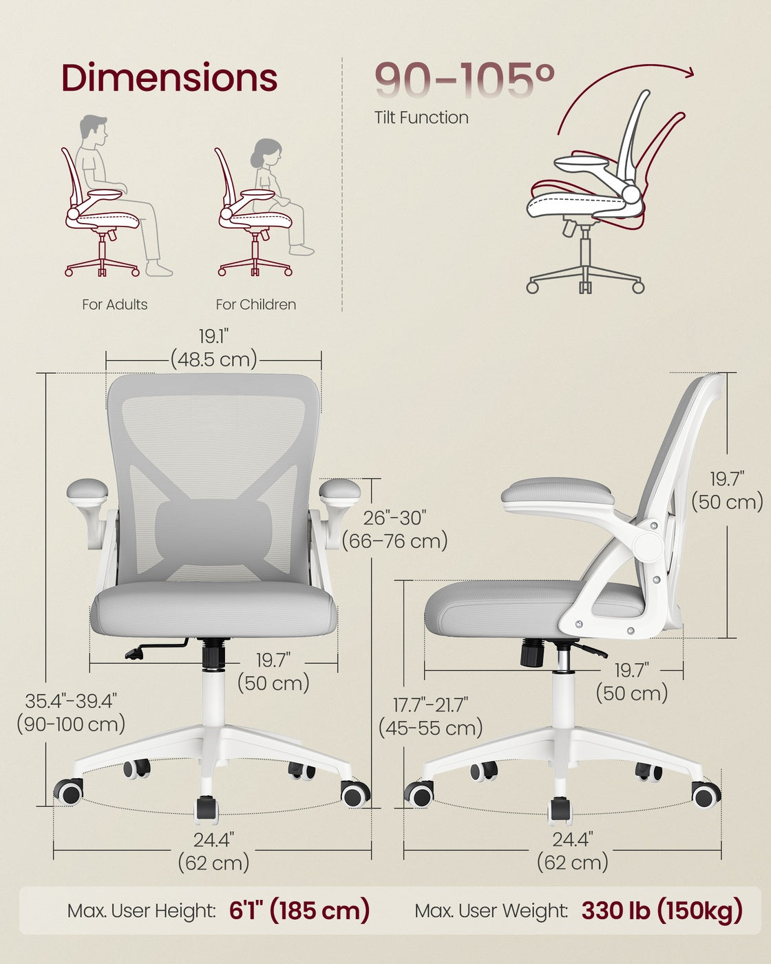 VASAGLE Office Chair, Ergonomic Mesh, Adjustable Lumbar, Dove Gray