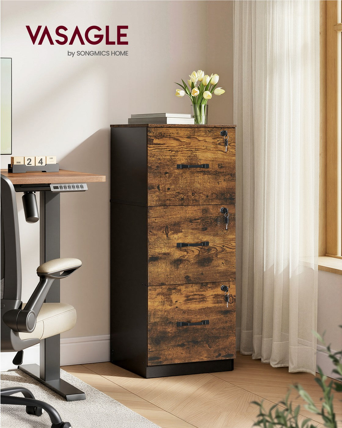 VASAGLE 3-Drawer Vertical Lockable File Cabinet with Drawers