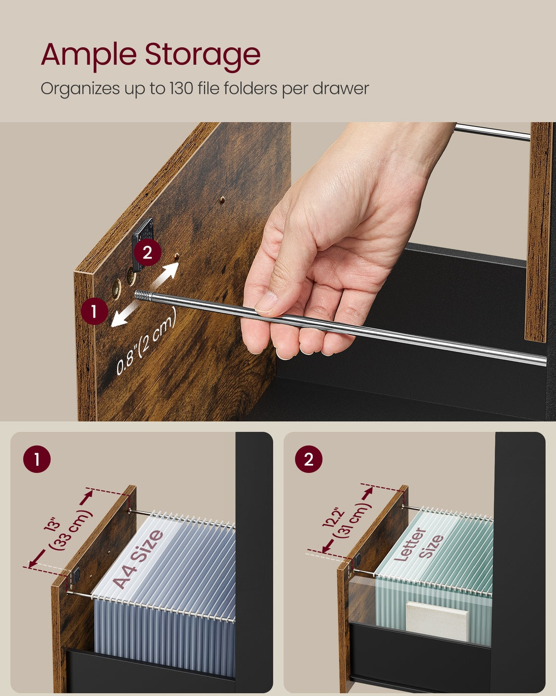 VASAGLE 3-Drawer Vertical Lockable File Cabinet with Drawers