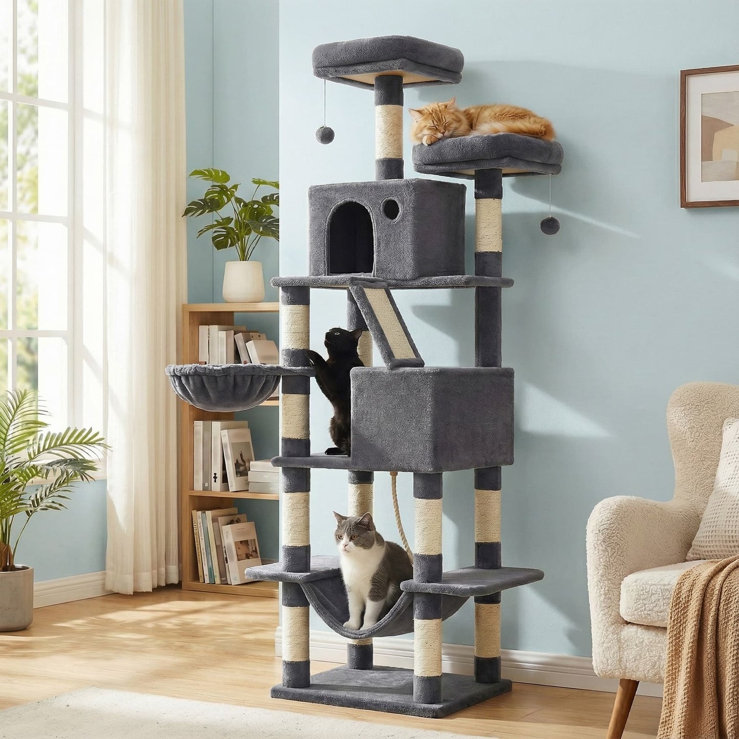 Feandrea Large Cat Tree with Scratching Posts Hammock and Perches for Indoor Cats – Smoky Gray