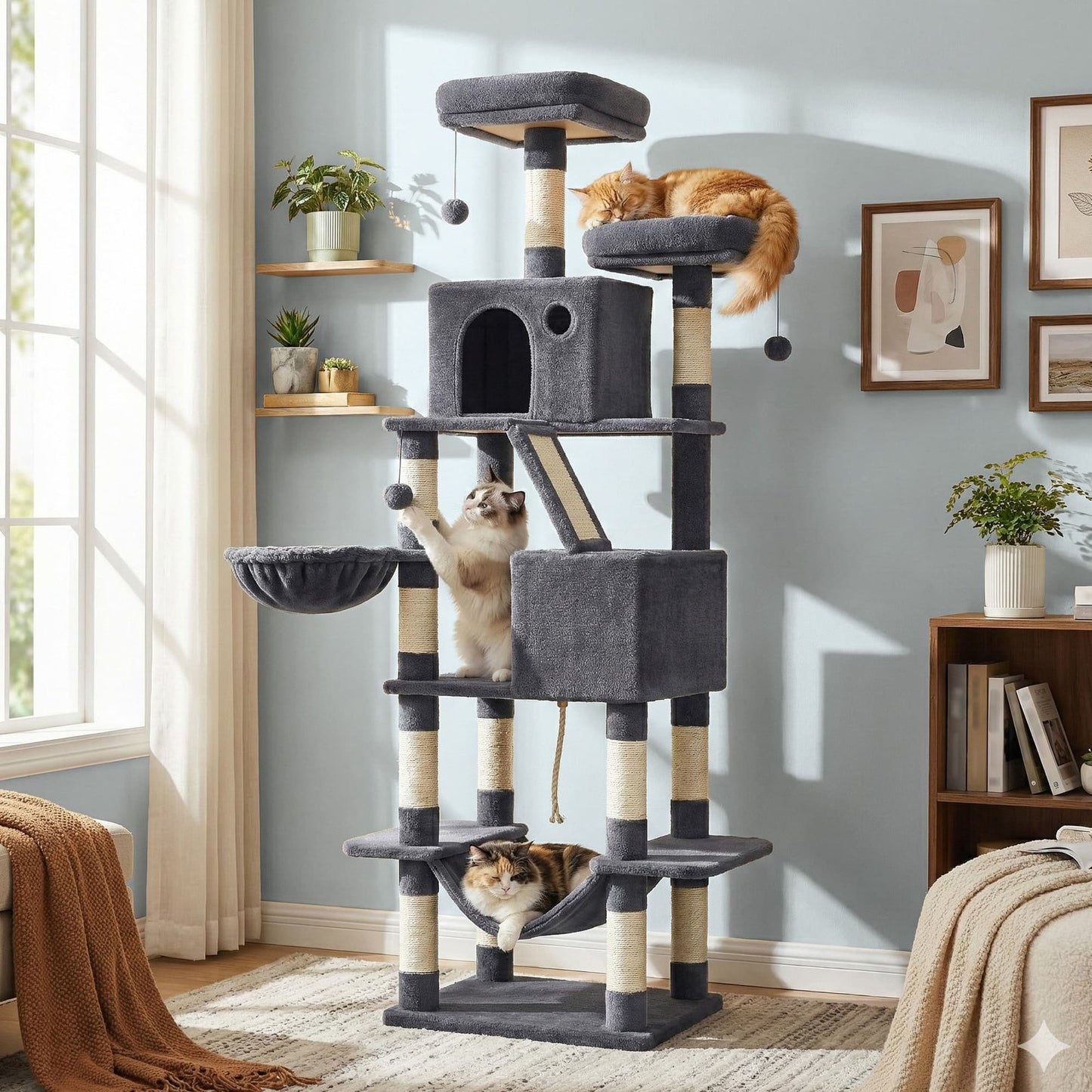 Feandrea Large Cat Tree with Scratching Posts Hammock and Perches for Indoor Cats – Smoky Gray