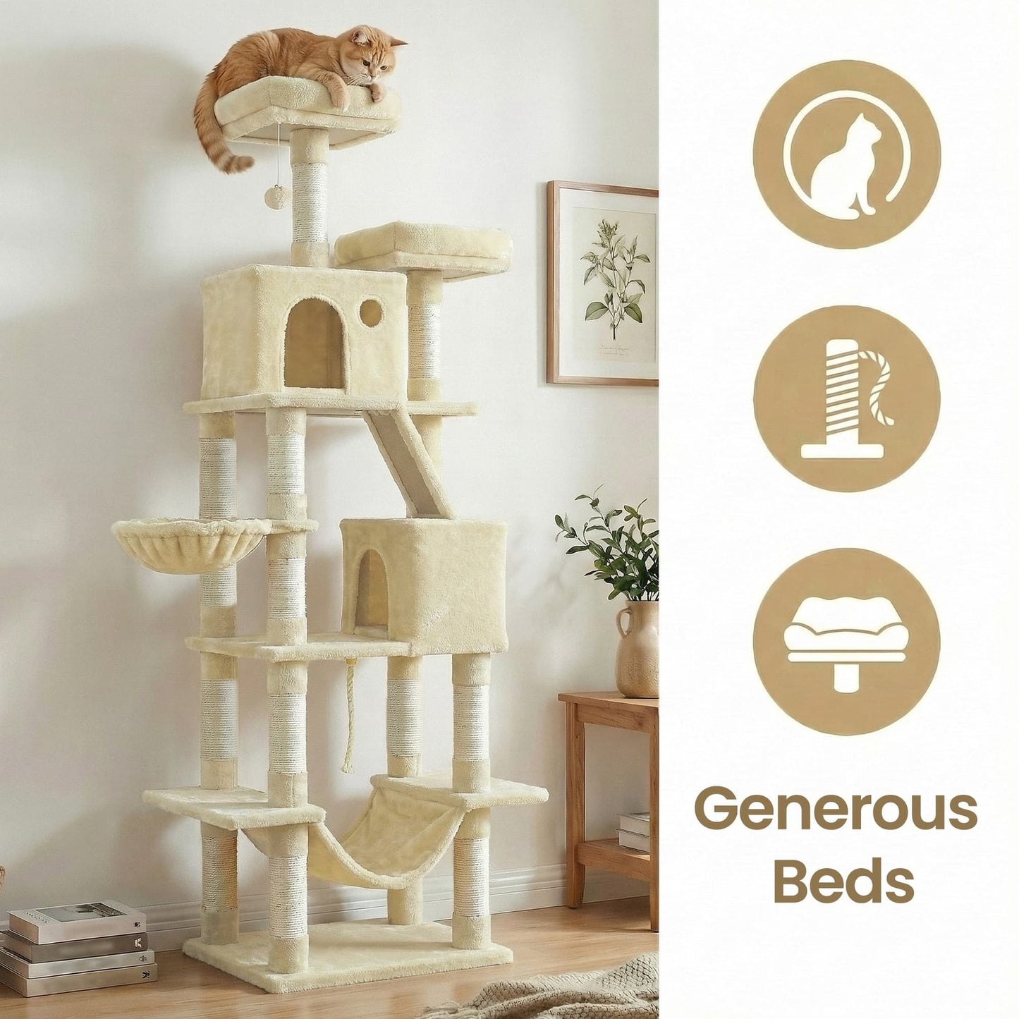 Feandrea Large Cat Tree with Scratching Posts Hammock and Perches for Indoor Cats – Beige