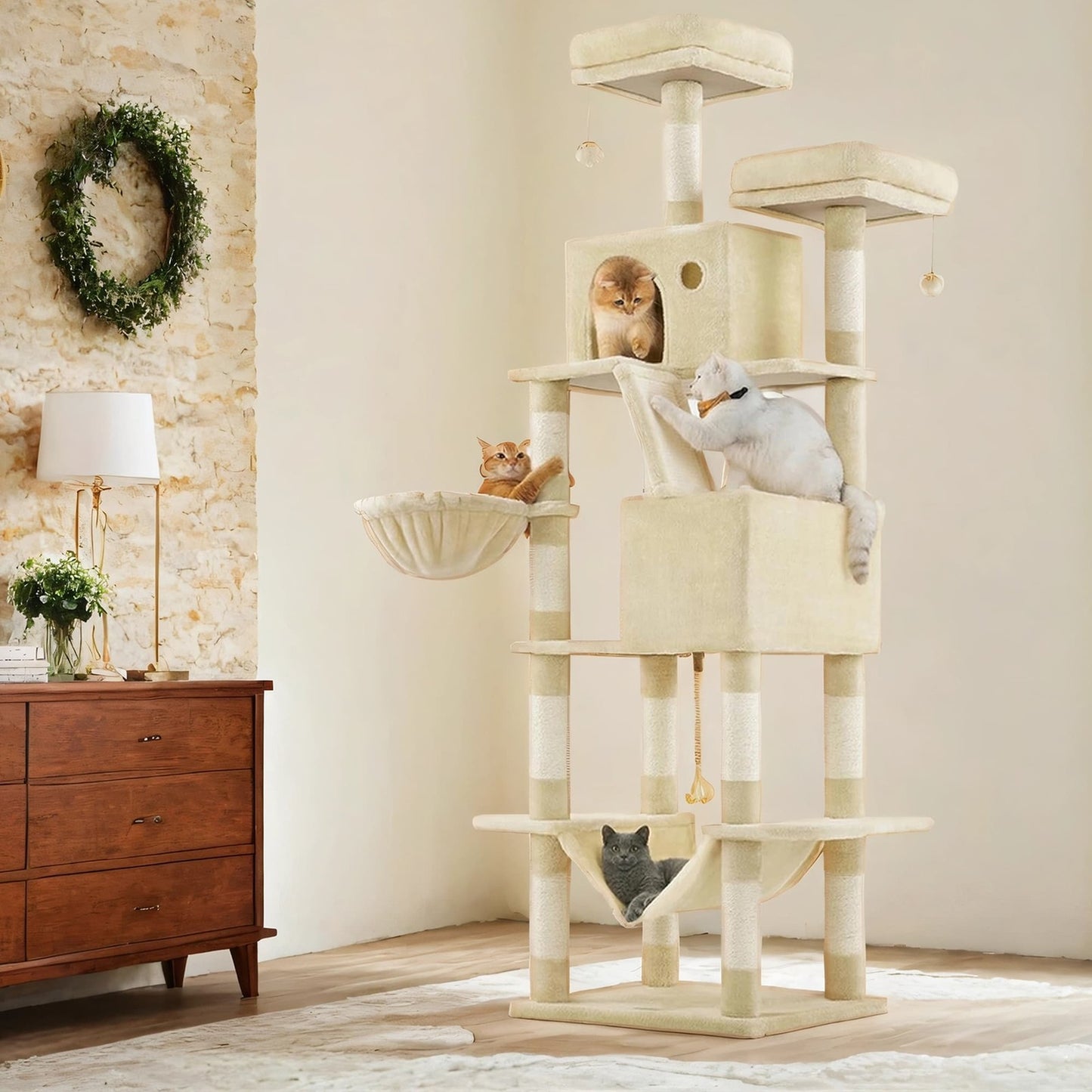 Feandrea Large Cat Tree with Scratching Posts Hammock and Perches for Indoor Cats – Beige
