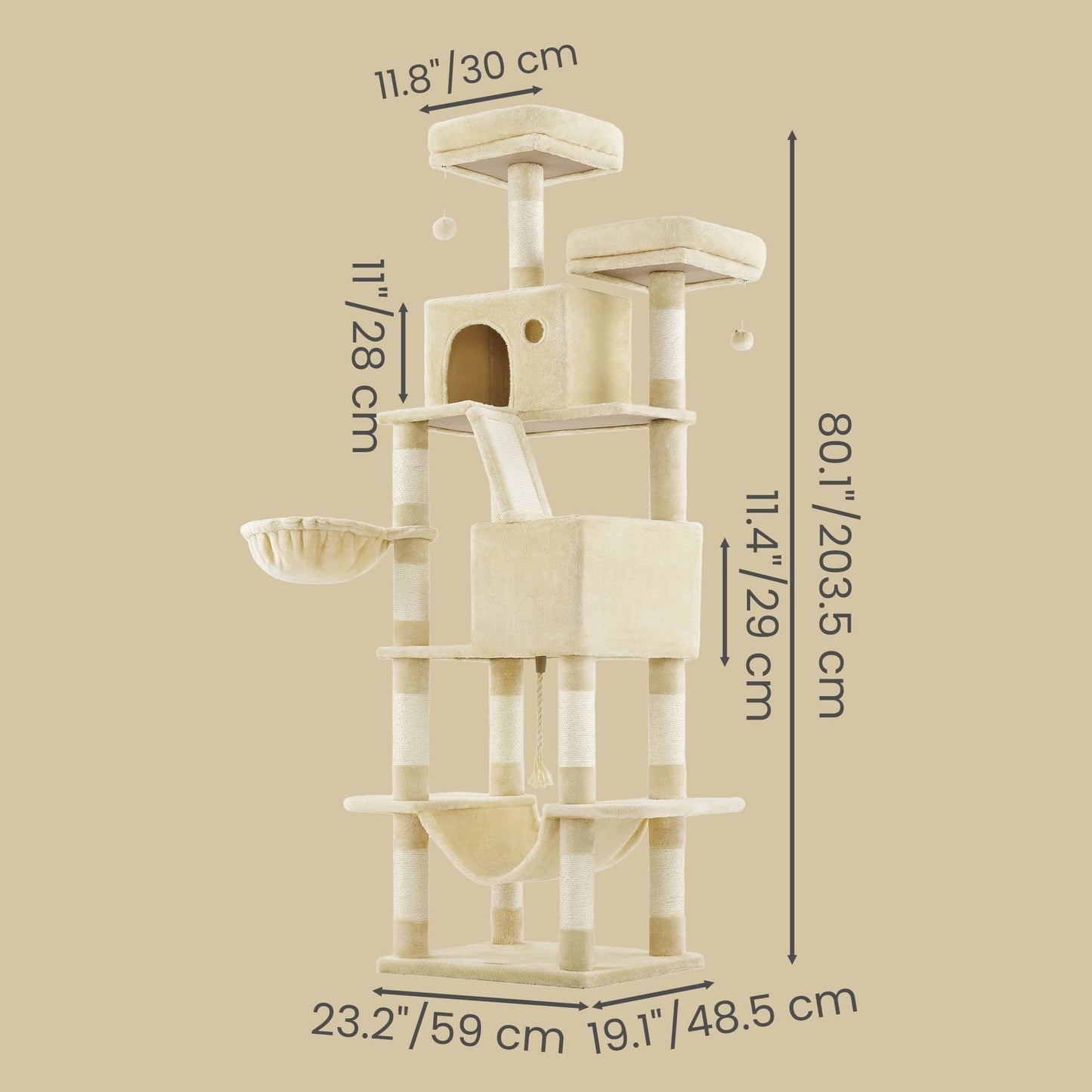 Feandrea Large Cat Tree with Scratching Posts Hammock and Perches for Indoor Cats – Beige