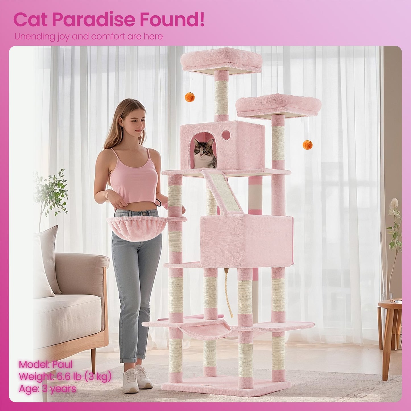 Feandrea Large Cat Tree with Scratching Posts Hammock and Perches for Indoor Cats – Pink