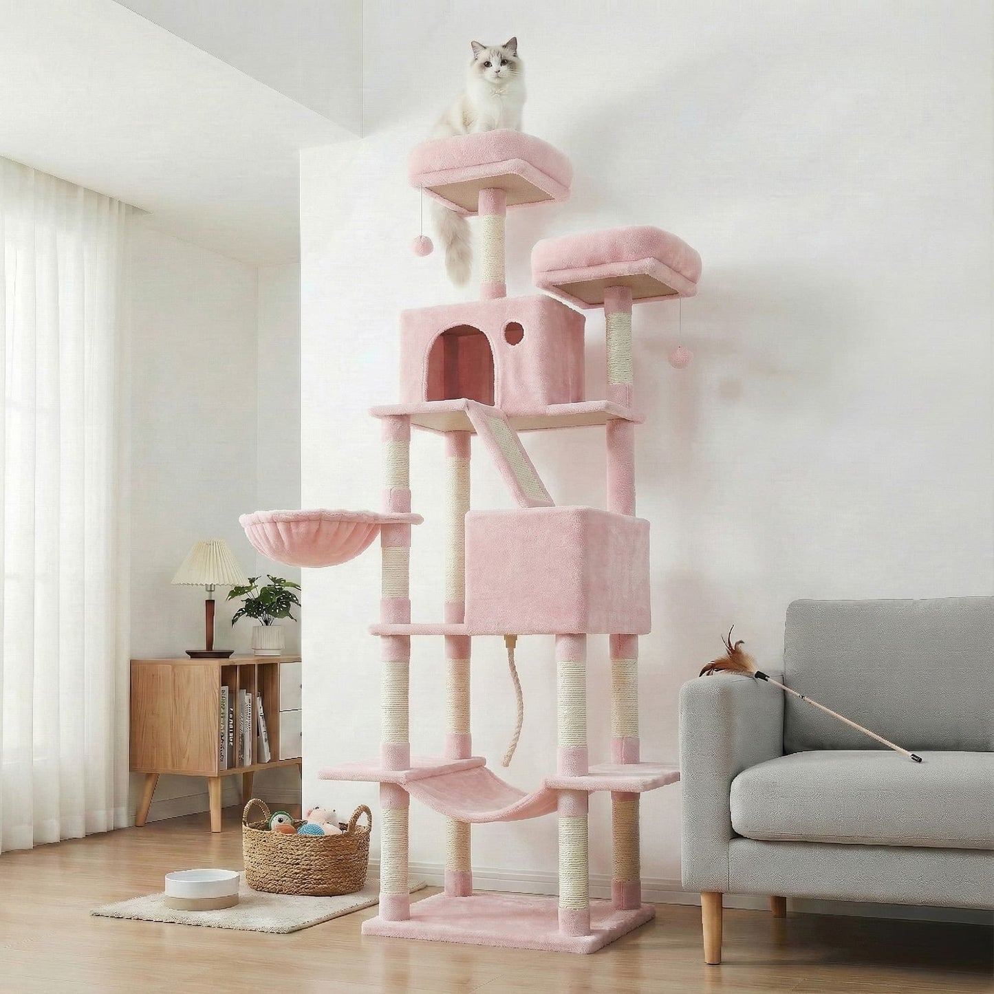 Feandrea Large Cat Tree with Scratching Posts Hammock and Perches for Indoor Cats – Pink