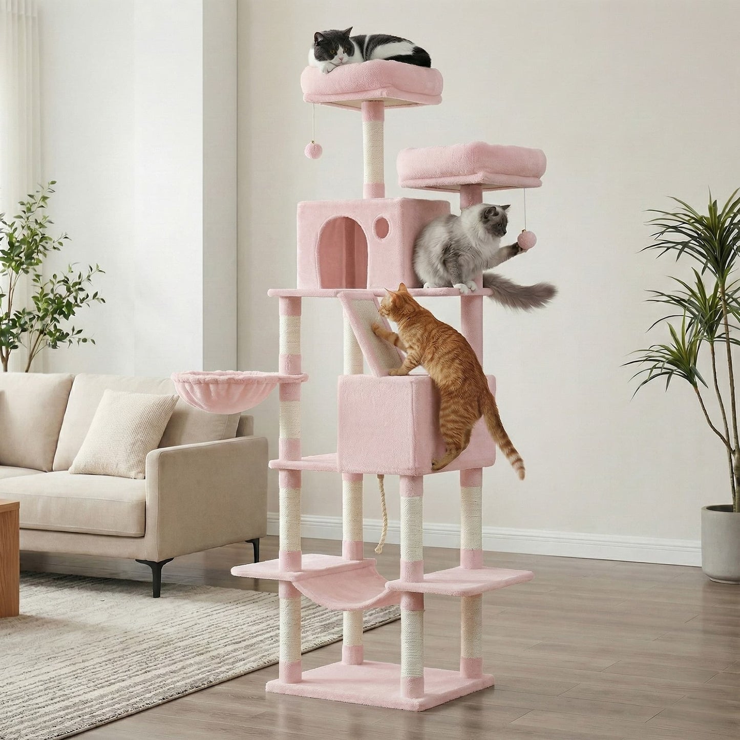 Feandrea Large Cat Tree with Scratching Posts Hammock and Perches for Indoor Cats – Pink