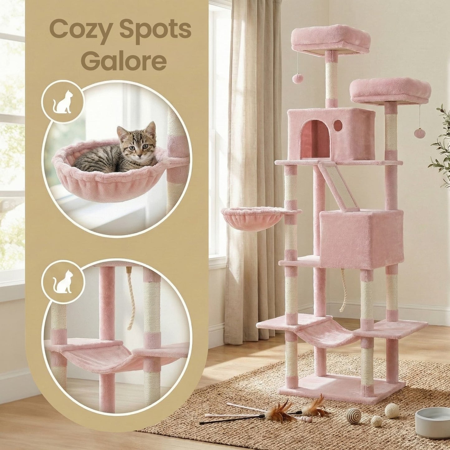 Feandrea Large Cat Tree with Scratching Posts Hammock and Perches for Indoor Cats – Pink