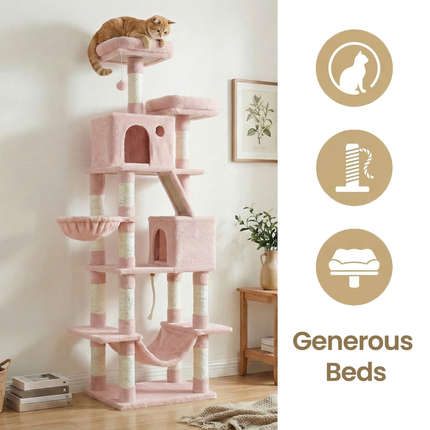 Feandrea Large Cat Tree with Scratching Posts Hammock and Perches for Indoor Cats – Pink