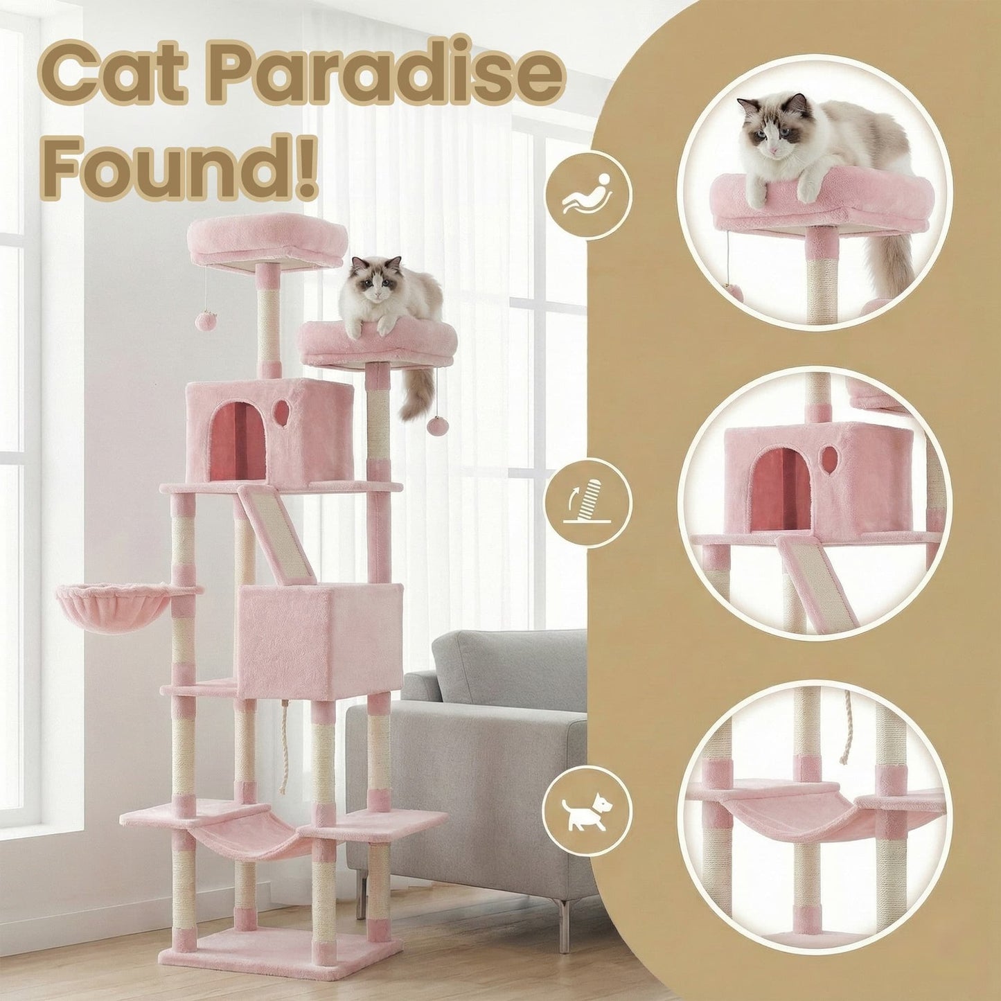 Feandrea Large Cat Tree with Scratching Posts Hammock and Perches for Indoor Cats – Pink