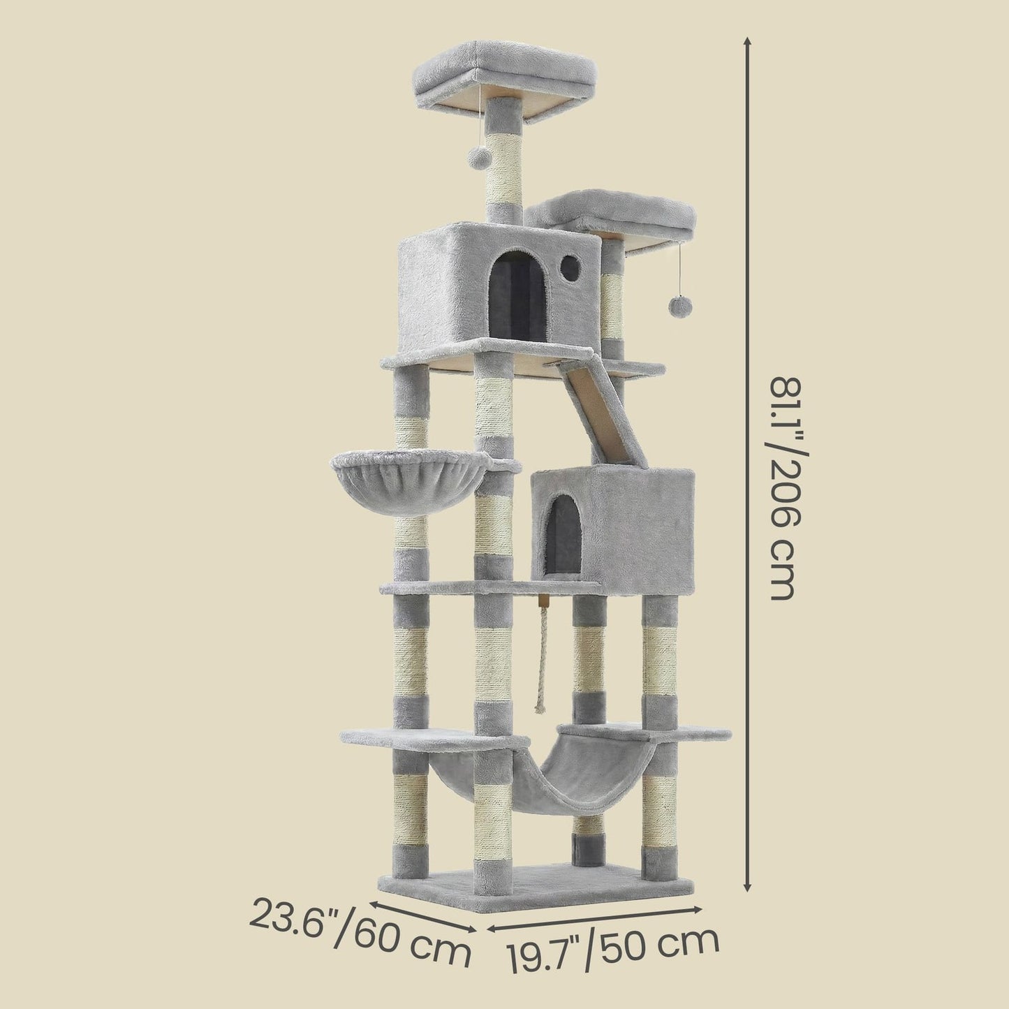 Feandrea Large Cat Tree with Scratching Posts Hammock and Perches for Indoor Cats – Gray