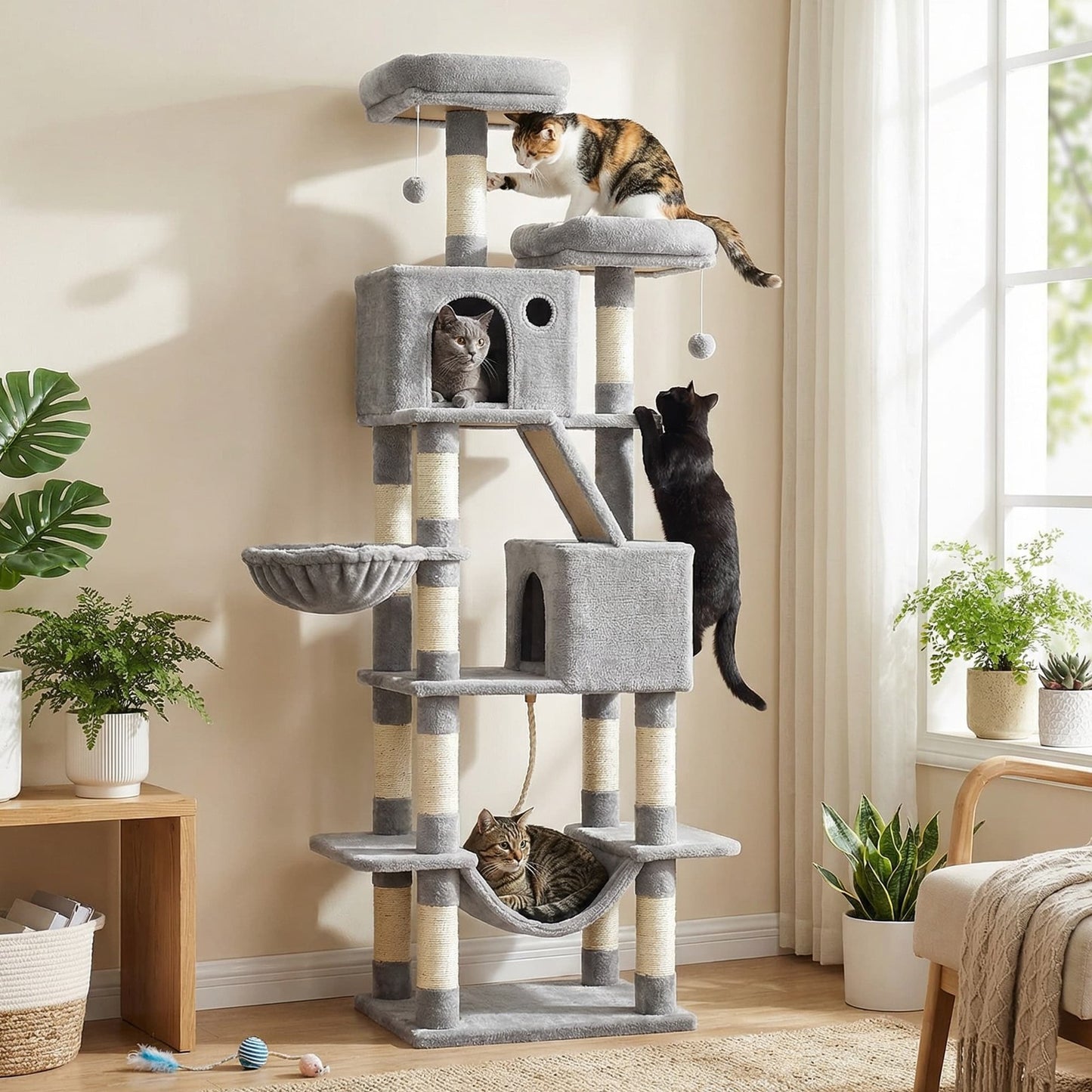 Feandrea Large Cat Tree with Scratching Posts Hammock and Perches for Indoor Cats – Gray