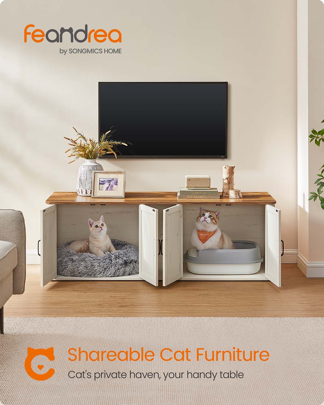 Feandrea Double Cat Litter Box Enclosure, Modern Litter Box Furniture Hidden for 2 Cats