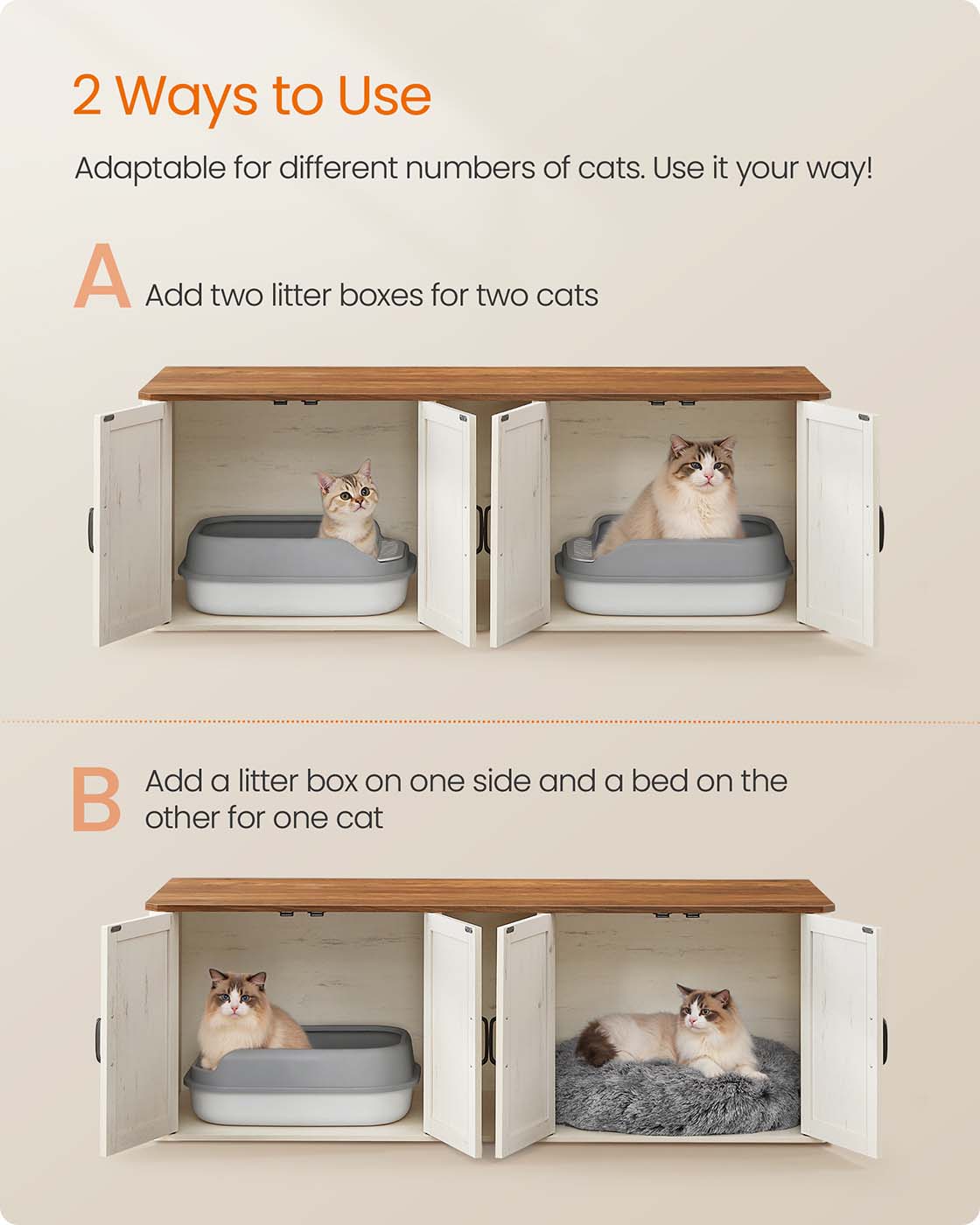 Feandrea Double Cat Litter Box Enclosure, Modern Litter Box Furniture Hidden for 2 Cats
