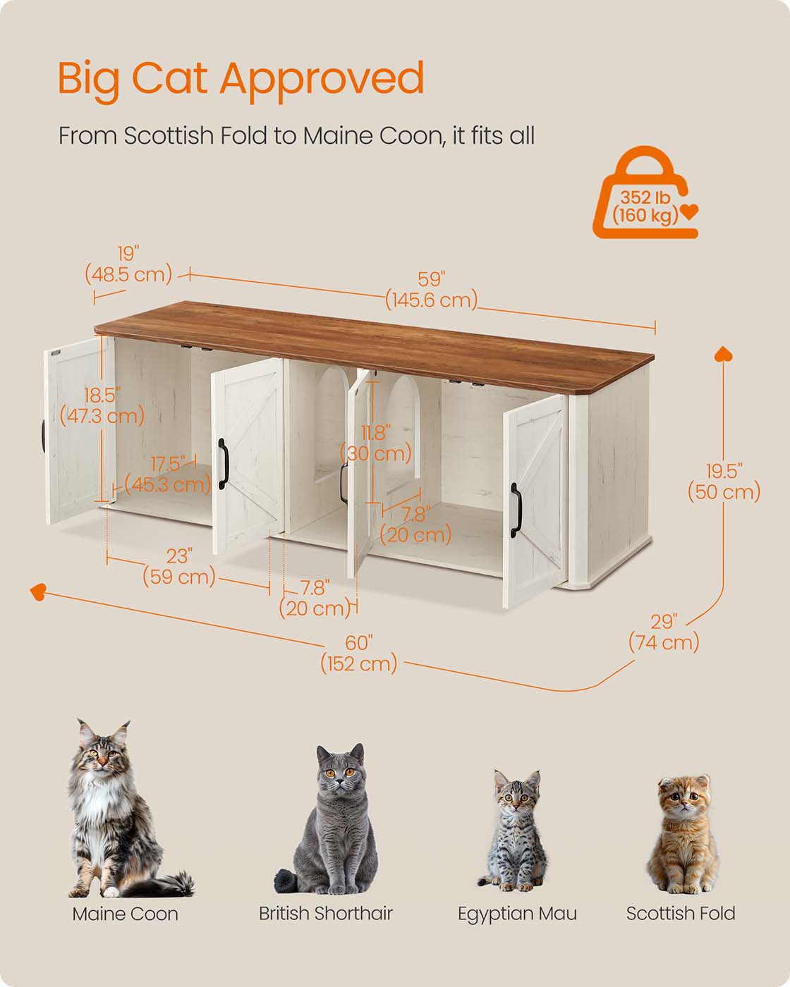 Feandrea Double Cat Litter Box Enclosure, Modern Litter Box Furniture Hidden for 2 Cats