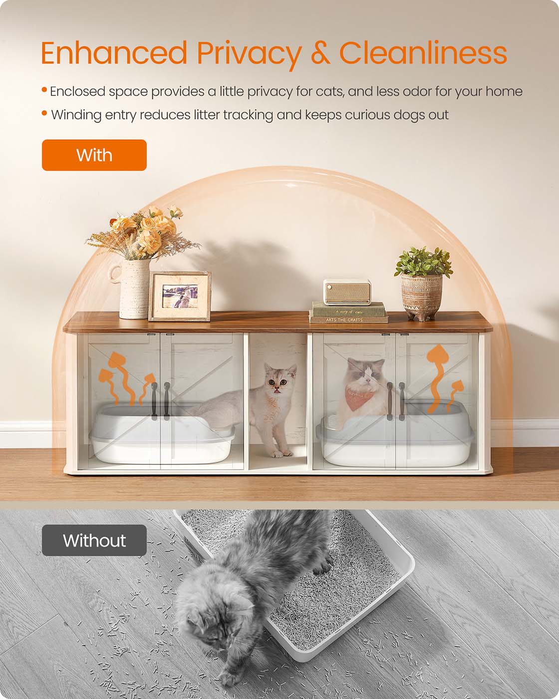 Feandrea Double Cat Litter Box Enclosure, Modern Litter Box Furniture Hidden for 2 Cats