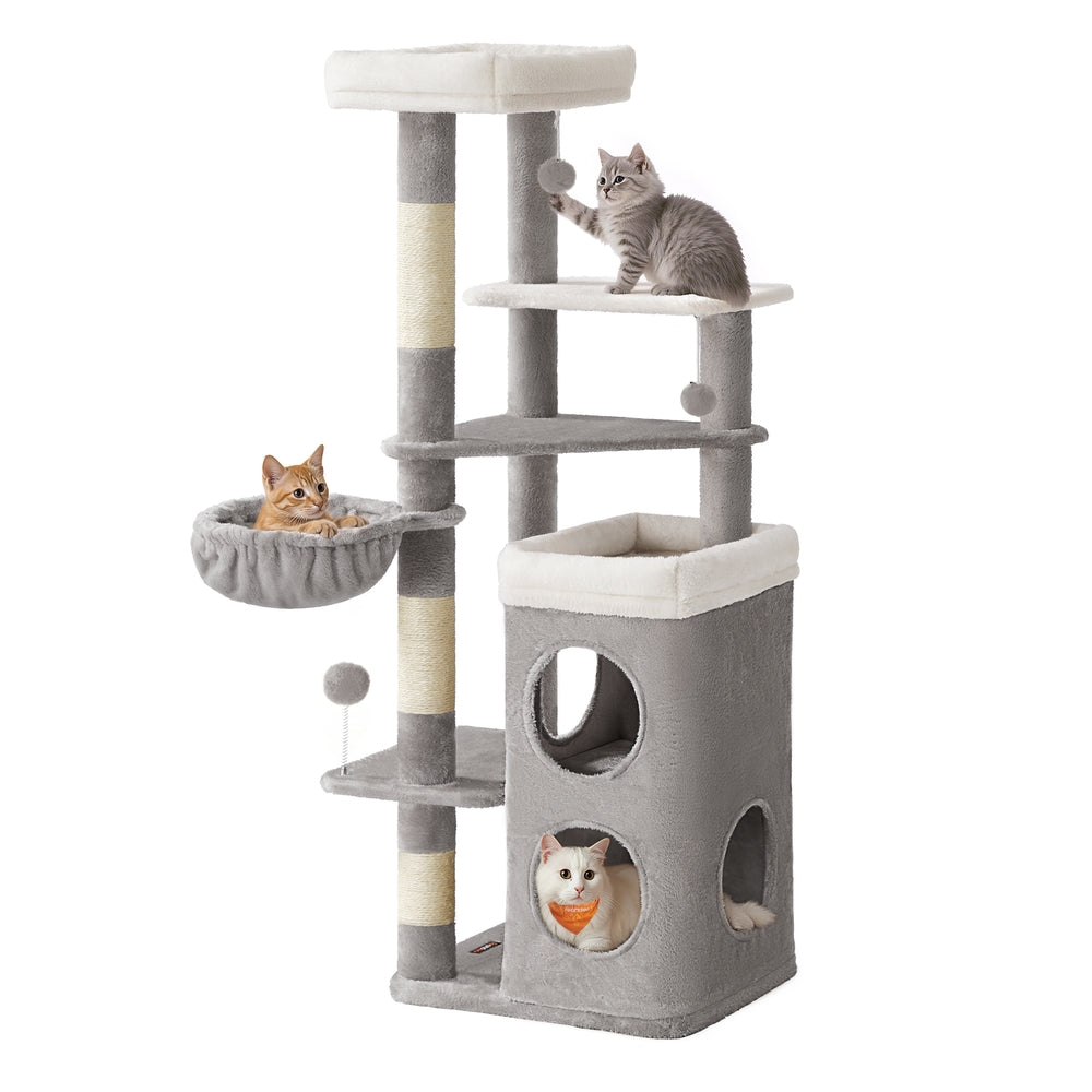 Feandrea Tall Cat Tree Tower, Multiple-Level Cat Condo with 2 Caves – Dove Gray