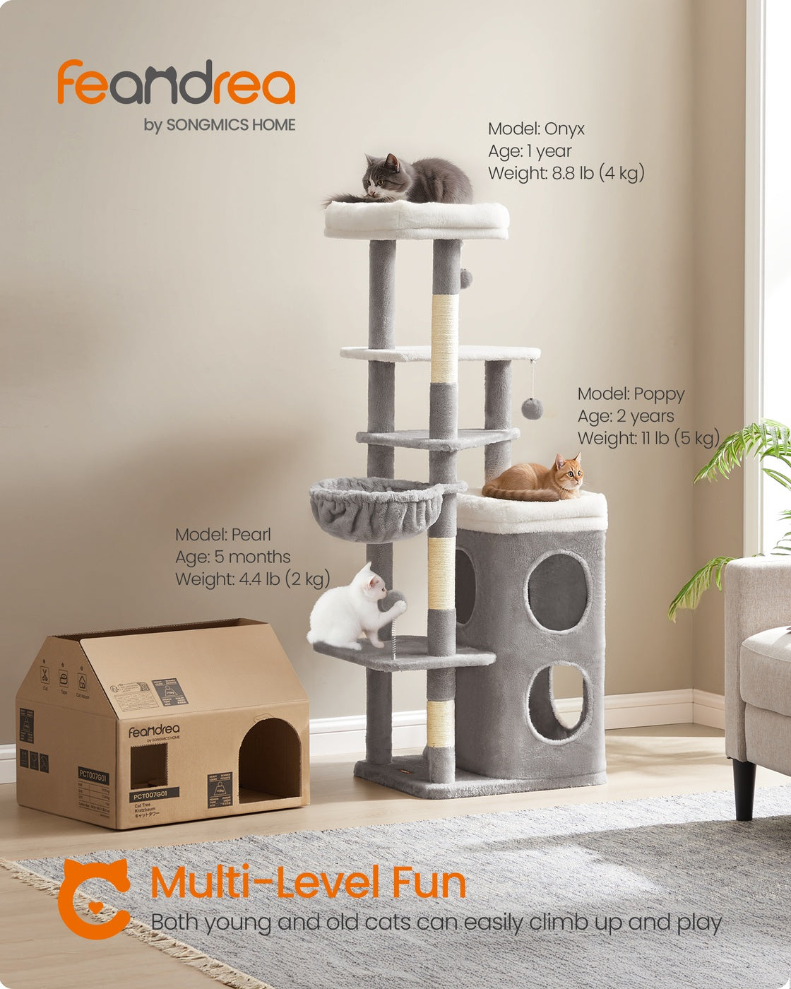 Feandrea Tall Cat Tree Tower, Multiple-Level Cat Condo with 2 Caves – Dove Gray