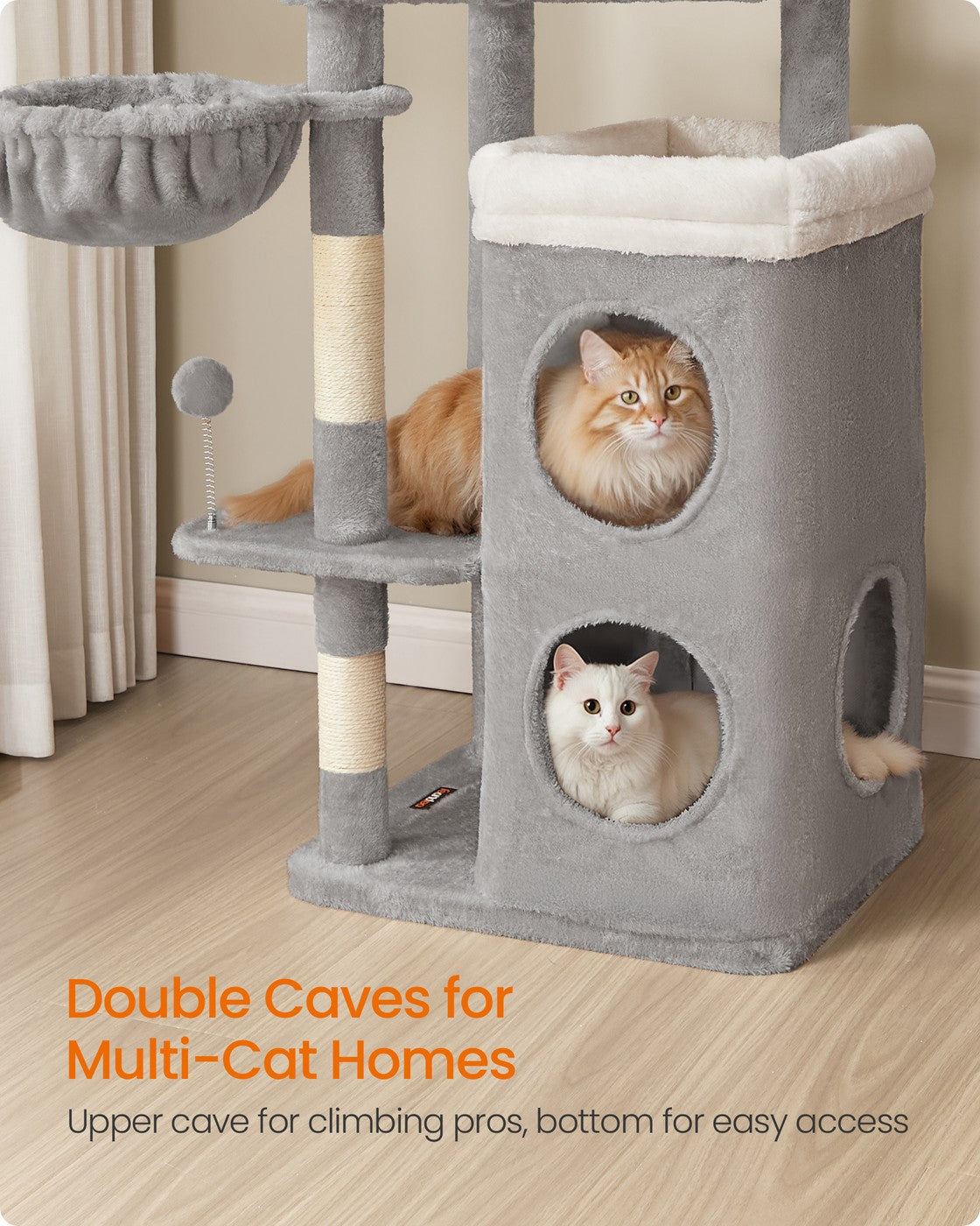 Feandrea Tall Cat Tree Tower, Multiple-Level Cat Condo with 2 Caves – Dove Gray