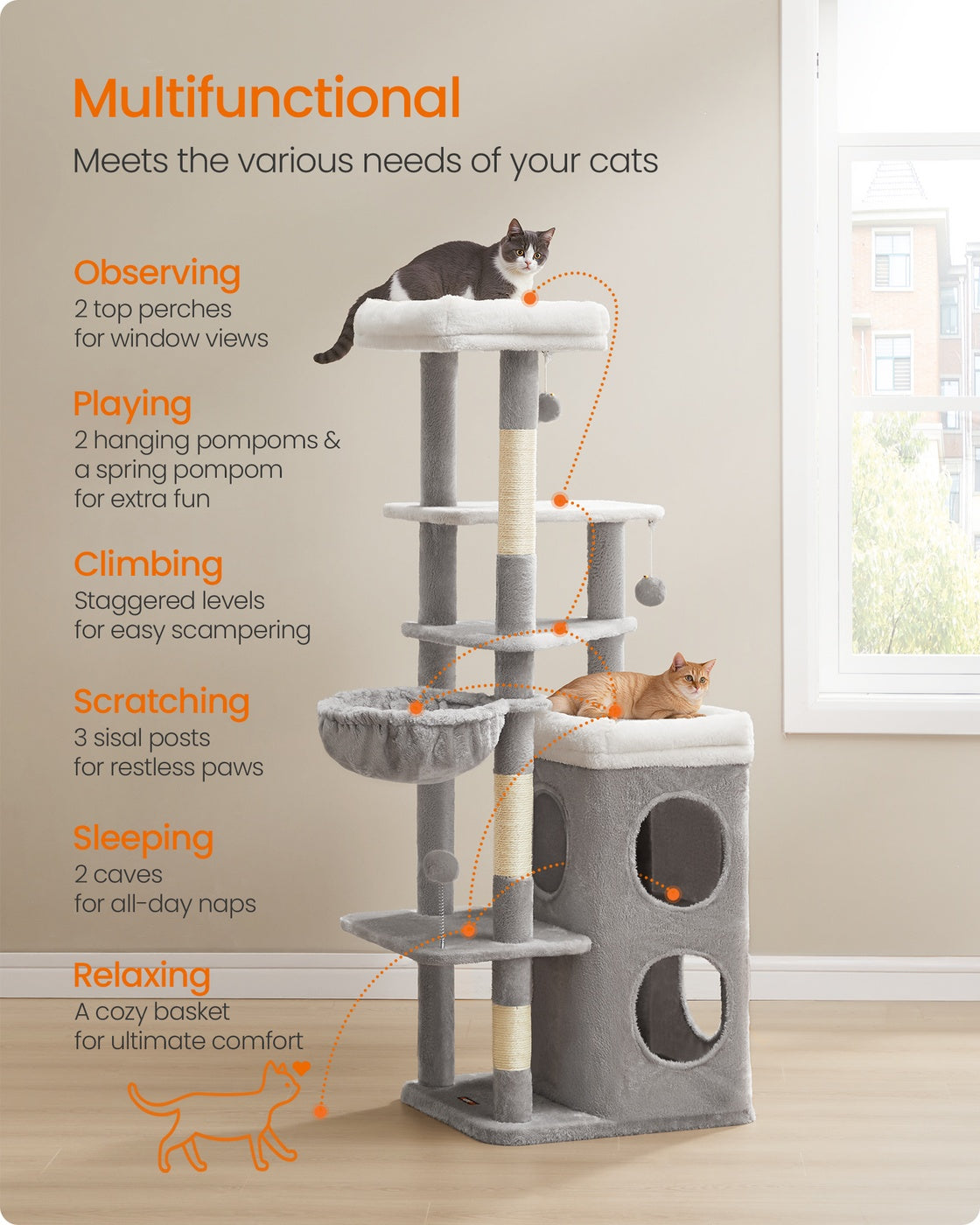Feandrea Tall Cat Tree Tower, Multiple-Level Cat Condo with 2 Caves – Dove Gray