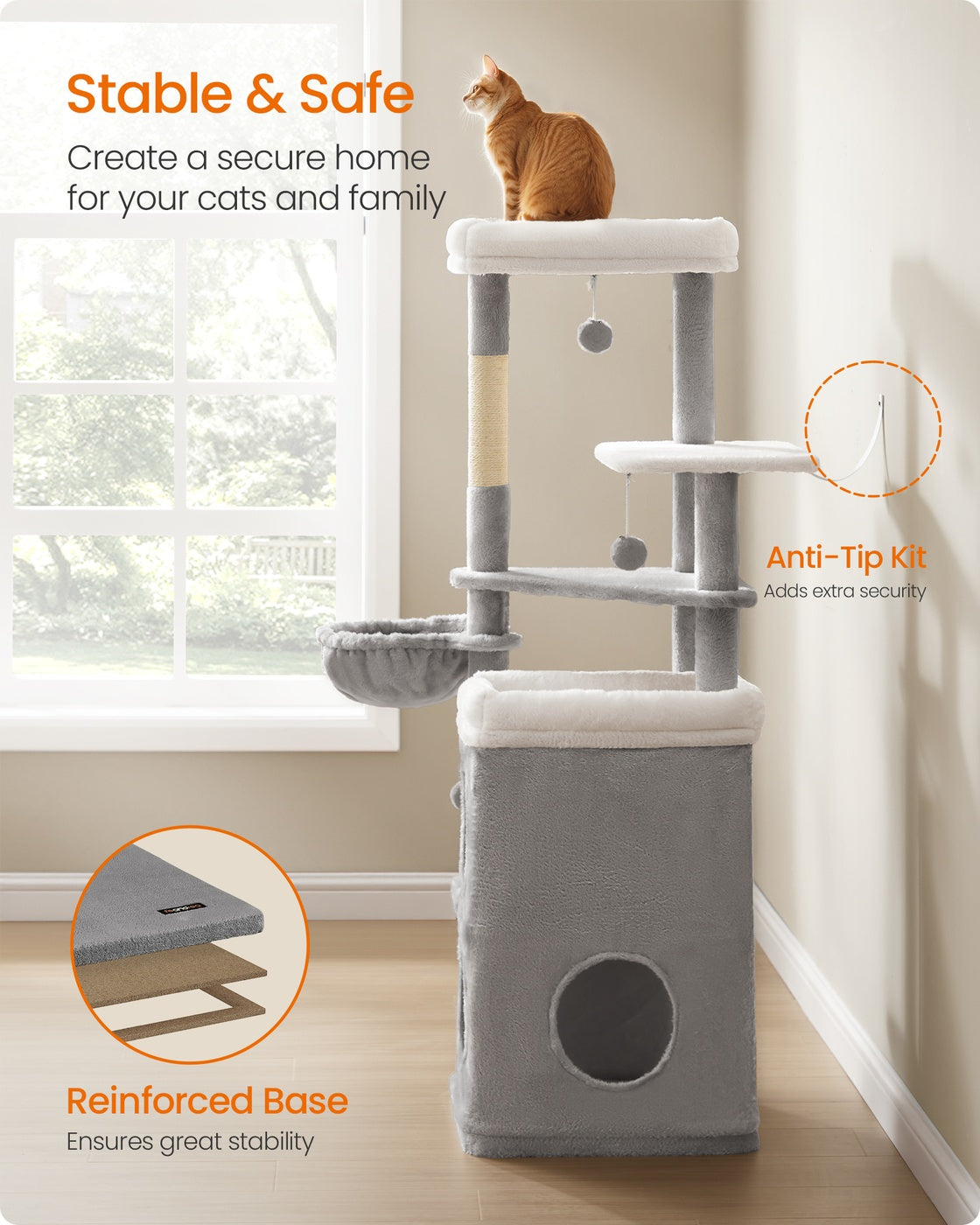 Feandrea Tall Cat Tree Tower, Multiple-Level Cat Condo with 2 Caves – Dove Gray