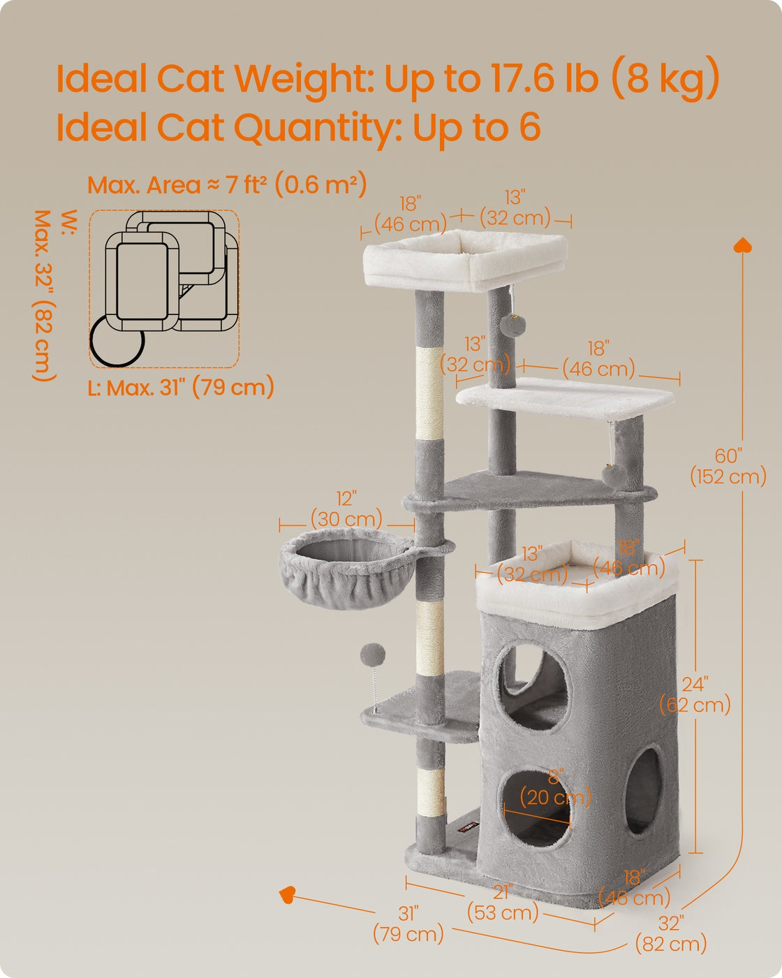 Feandrea Tall Cat Tree Tower, Multiple-Level Cat Condo with 2 Caves – Dove Gray