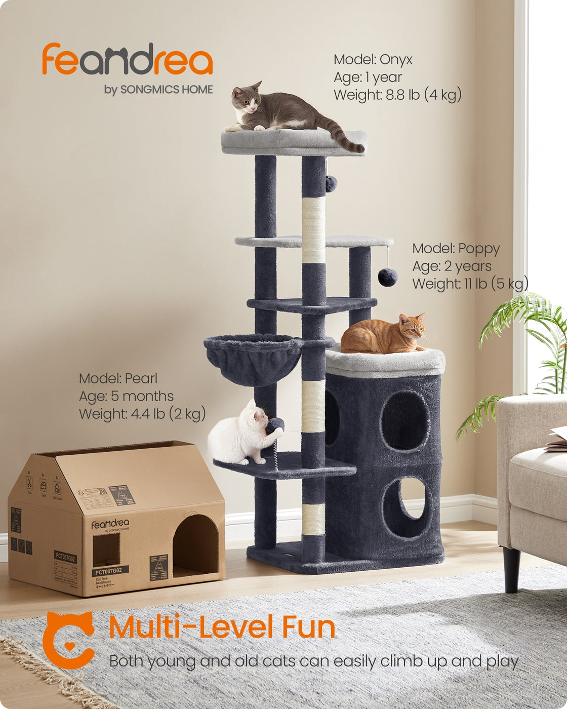 Feandrea Tall Cat Tree Tower, Multiple-Level Cat Condo with 2 Caves – Dark Gray