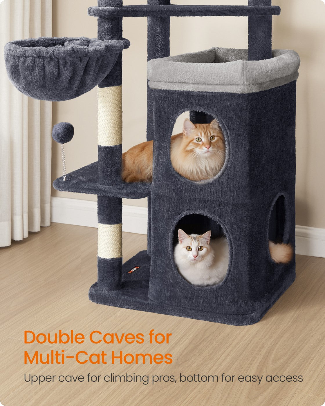 Feandrea Tall Cat Tree Tower, Multiple-Level Cat Condo with 2 Caves – Dark Gray