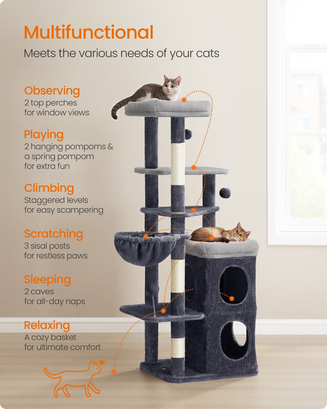 Feandrea Tall Cat Tree Tower, Multiple-Level Cat Condo with 2 Caves – Dark Gray